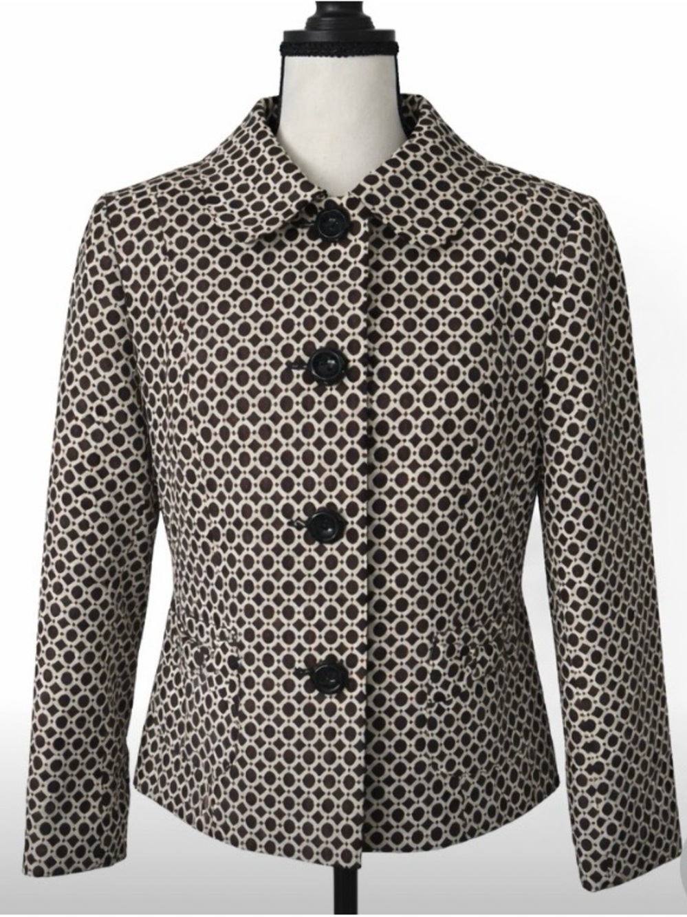 David Emanuel Geo Print Jacket Blazer Black Cream Size 12 Pockets Classic Mod